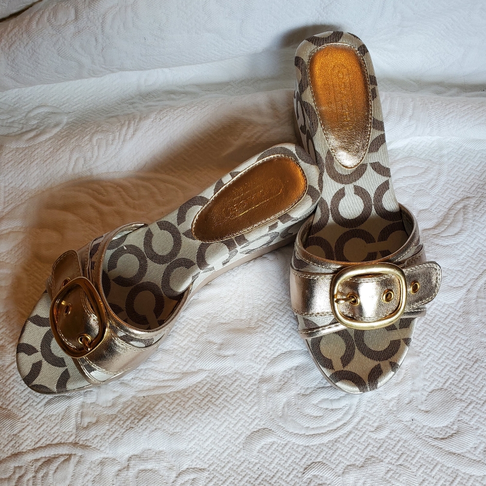 Coach Logo Print Gold Metallic Trim Wedge Slide